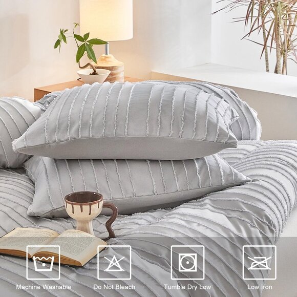 Boho Duvet Cover Striped Textured Duvet Cover Set Tufted Bedding Set  Lightgrey - Picture 4 of 7